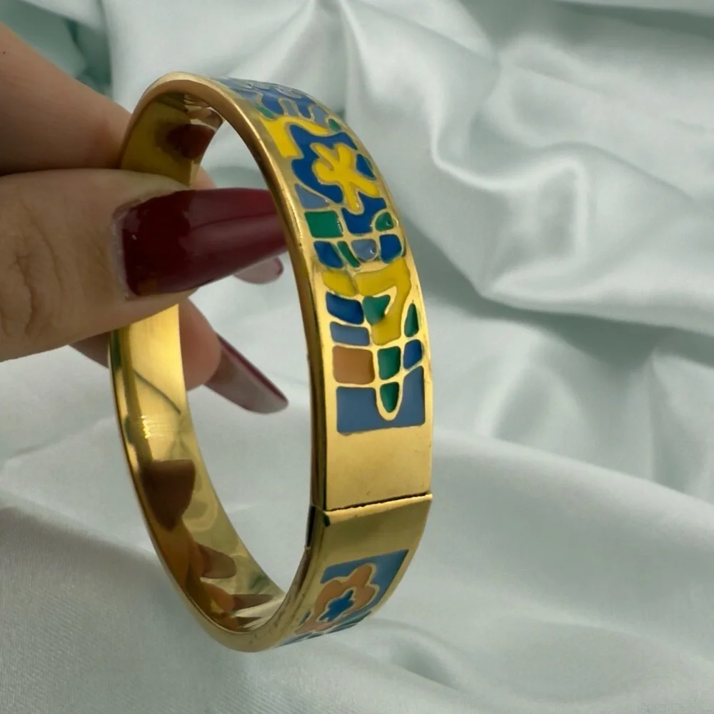 Colorful Anthropologie Gold Bracelet with Blue and Yellow Enamel